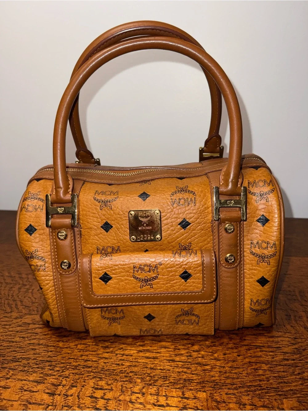 MCM Cognac Visetos Boston Bag w/Front Pocket and COA
